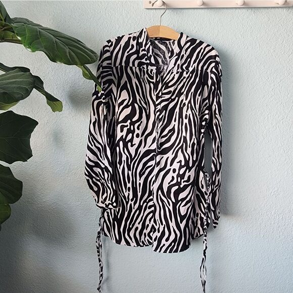 Carole Little 100% linen zebra tunic style button front brided belt blouse - Picture 1 of 14